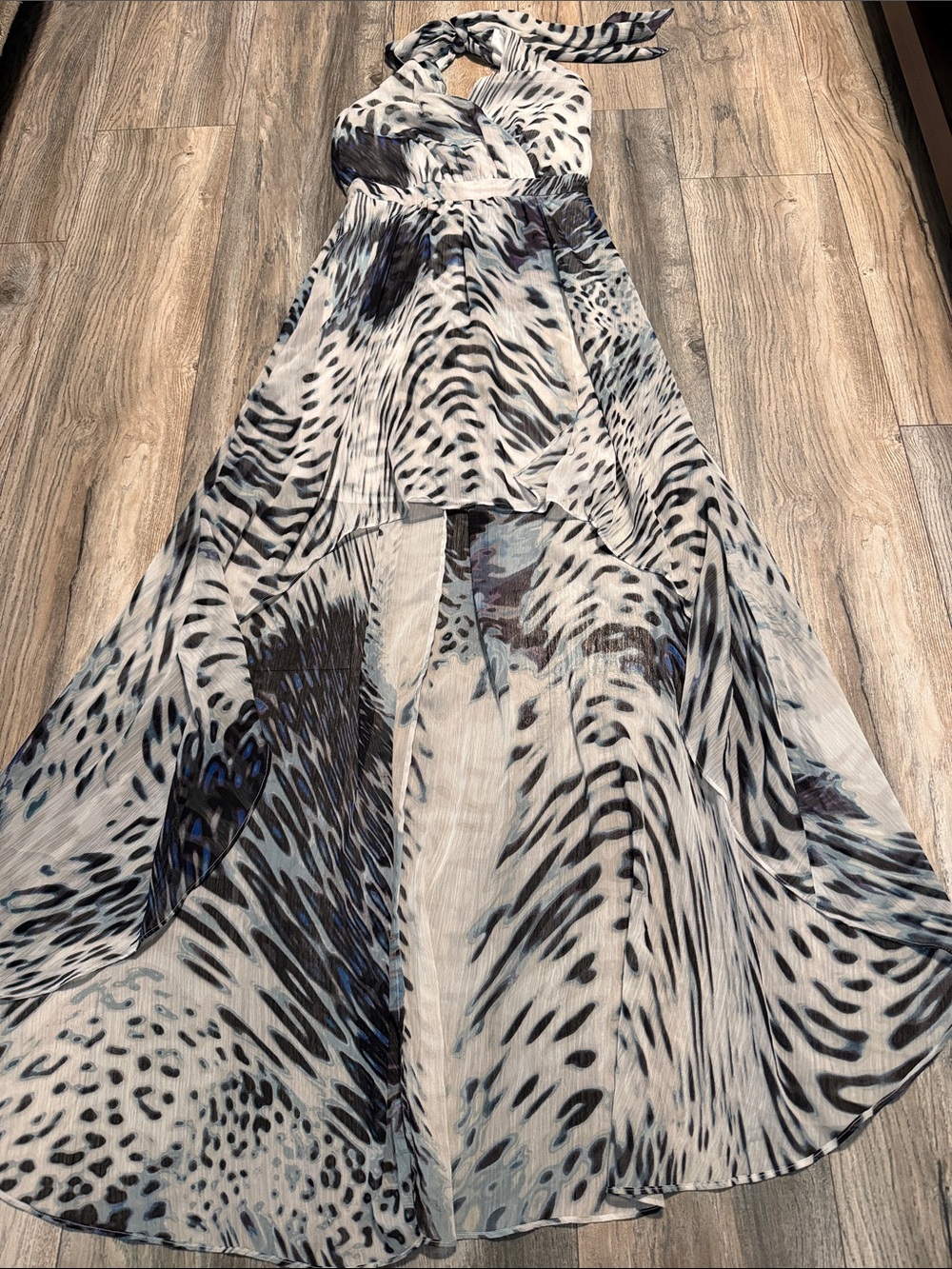 bebe White and Black High-Low Animal-Print Maxi Dress